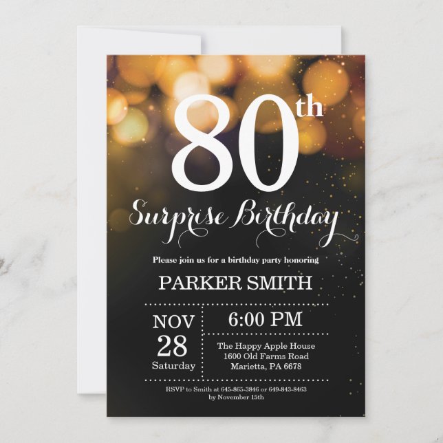 Surprise 80th Birthday Invitation Gold Glitter (Front)