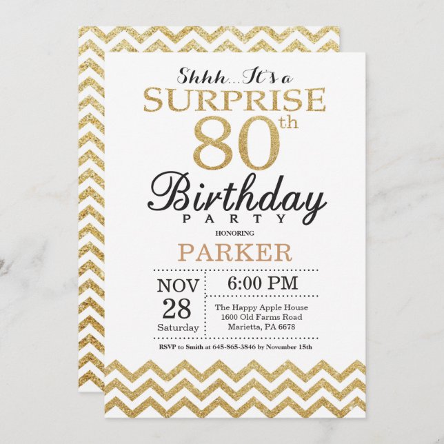 Surprise 80th Birthday Invitation Gold Glitter (Front/Back)