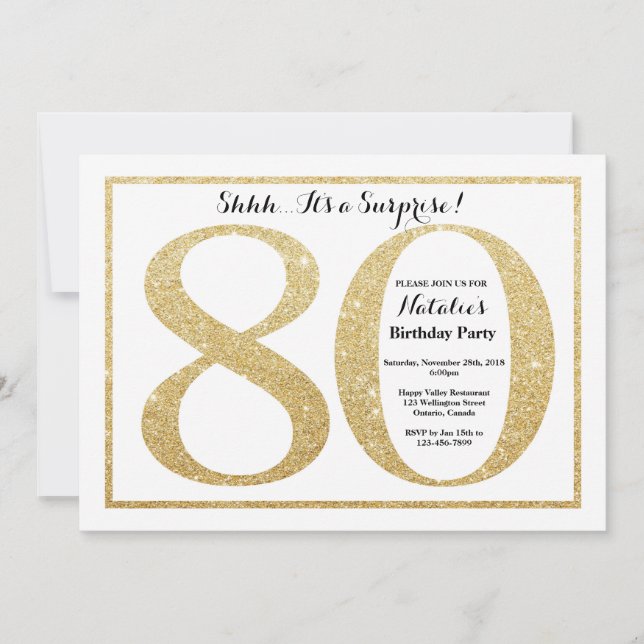 Surprise 80th Birthday Invitation Gold Glitter (Front)