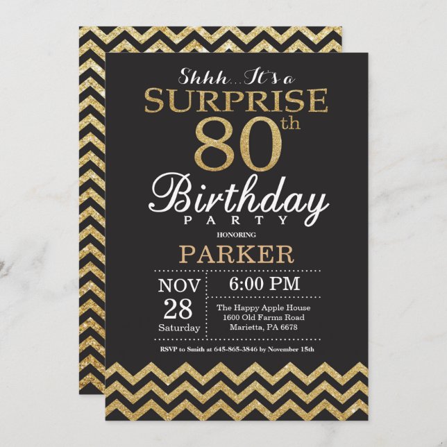 Surprise 80th Birthday Invitation Gold Glitter (Front/Back)