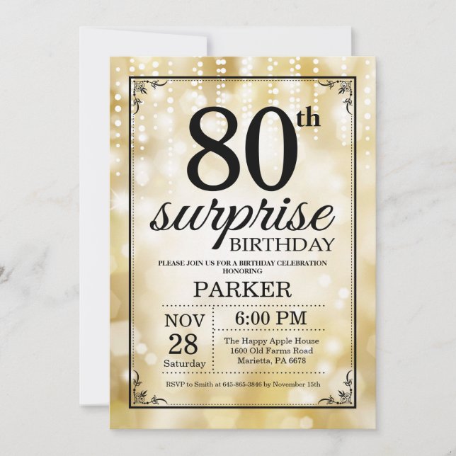 Surprise 80th Birthday Invitation Gold Glitter (Front)