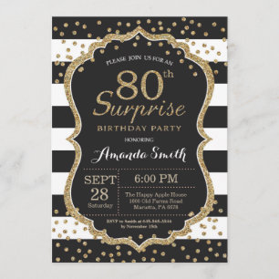 Surprise 80th Birthday Invitation. Gold Glitter Invitation