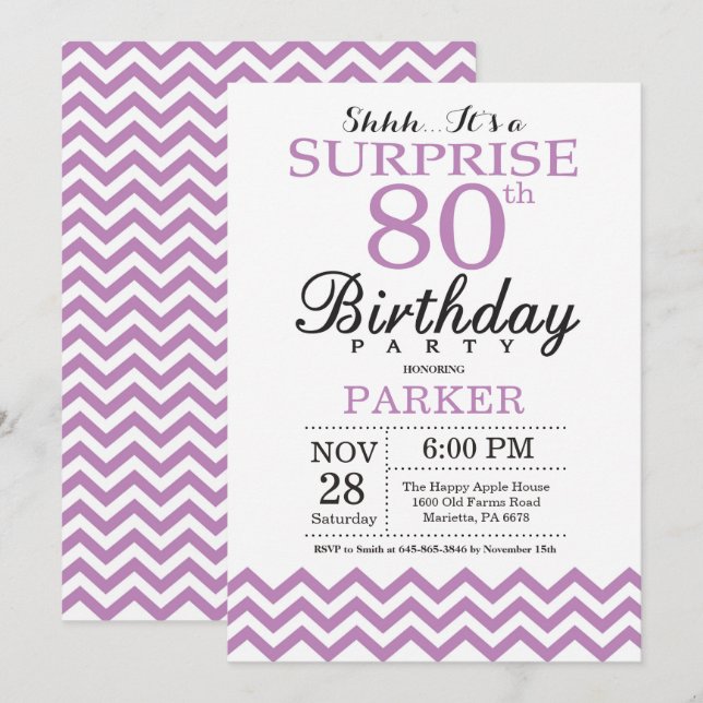 Surprise 80th Birthday Invitation Purple Chevron (Front/Back)