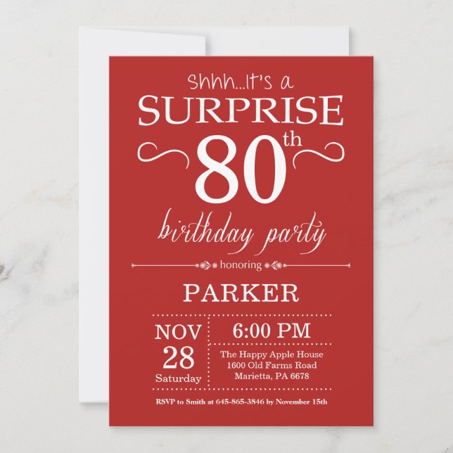Surprise 80th Birthday Invitation Red (Front)