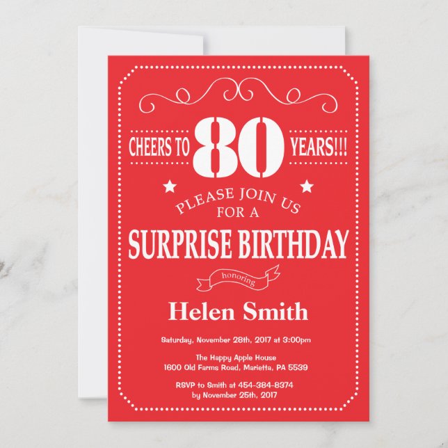 Surprise 80th Birthday Invitation Red and White (Front)