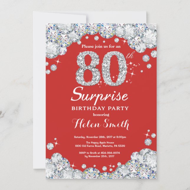 Surprise 80th Birthday Invitation Silver Diamond (Front)