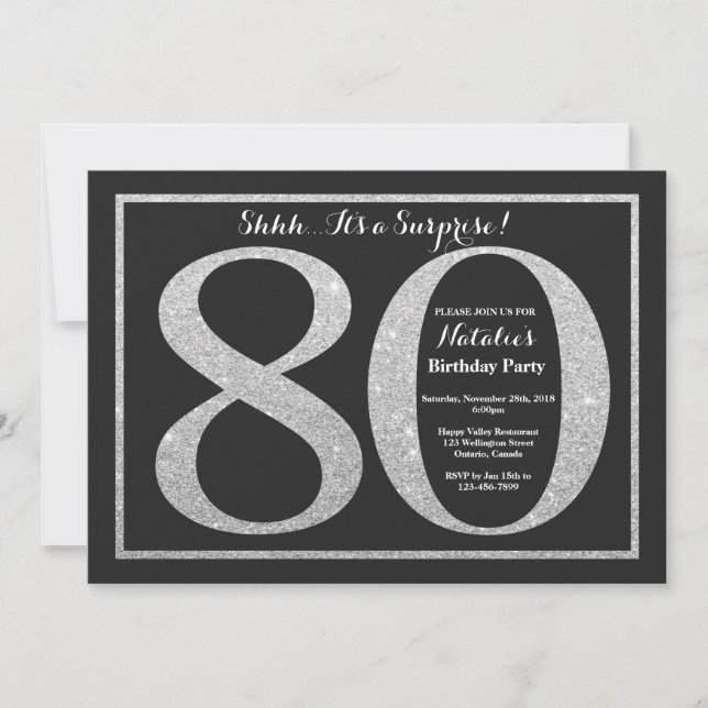 Surprise 80th Birthday Invitation Silver Glitter (Front)