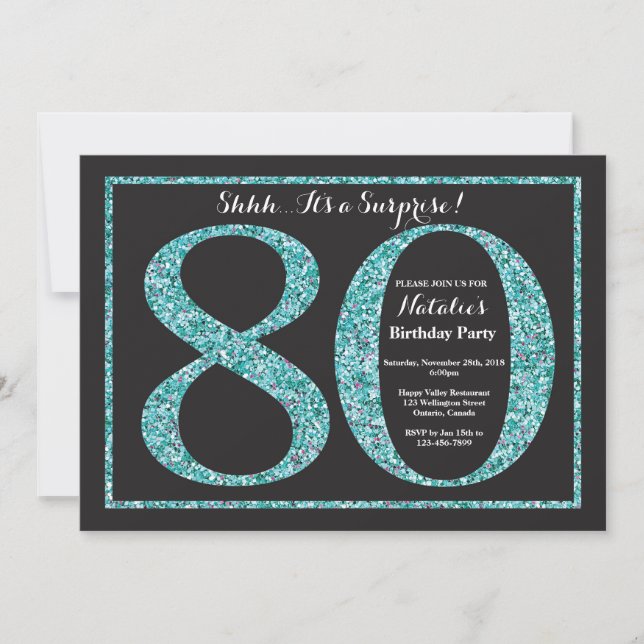 Surprise 80th Birthday Invitation Teal Glitter (Front)