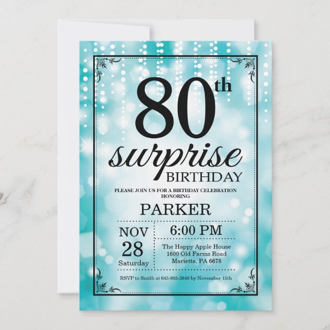 Surprise 80th Birthday Invitation Teal Glitter (Front)