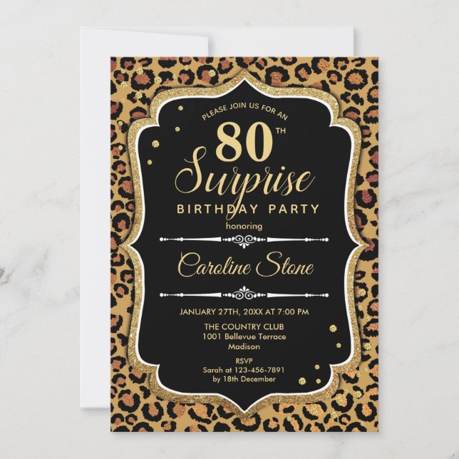 Surprise 80th Birthday - Leopard Black Gold Invitation (Front)