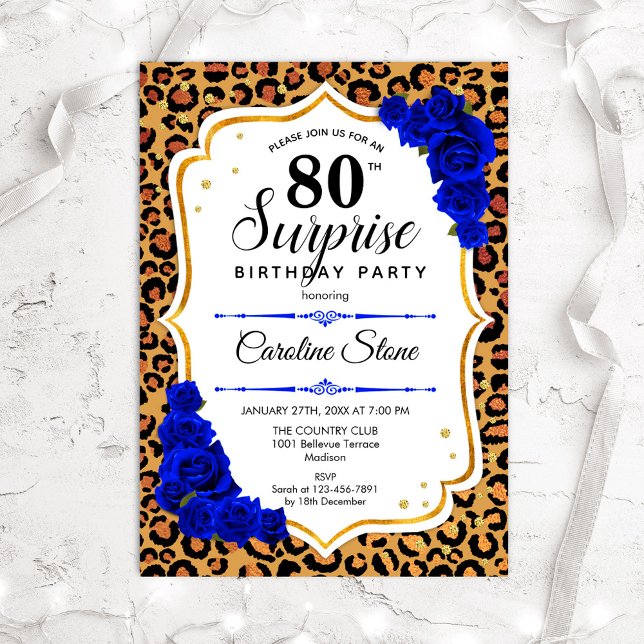 Surprise 80th Birthday - Leopard Gold Royal Blue Invitation (Creator Uploaded)