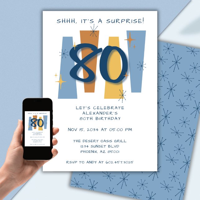 Surprise 80th Birthday Midcentury Modern Blue Invitation (Creator Uploaded)