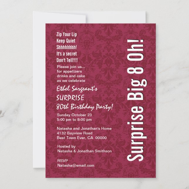 SURPRISE 80th Birthday Modern Red White W132 Invitation (Front)