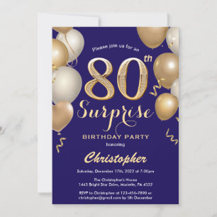 Surprise 80th Birthday Navy Blue and Gold Balloons Invitation