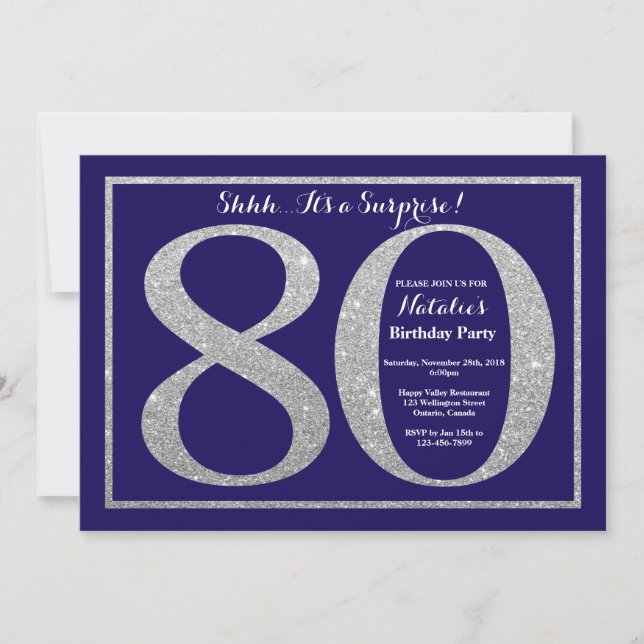 Surprise 80th Birthday Navy Blue Silver Glitter Invitation (Front)