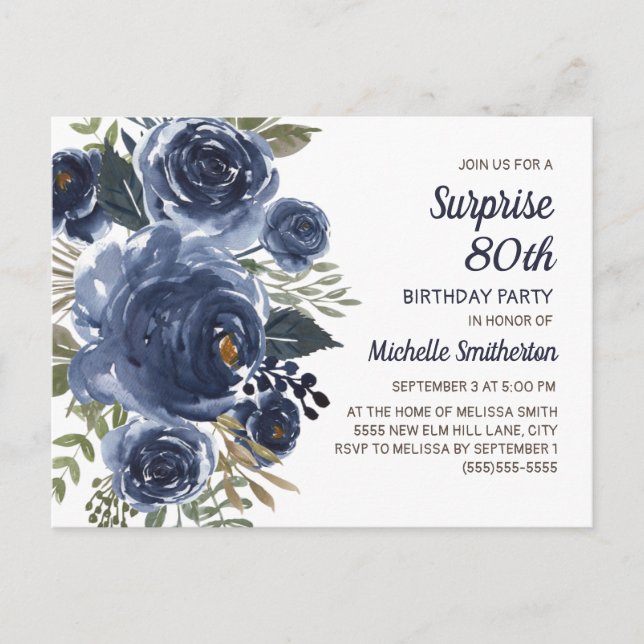 Surprise 80th Birthday Navy Blue Watercolor Floral Postcard (Front)