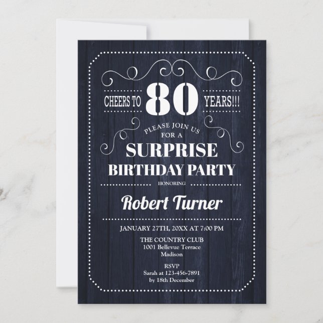 Surprise 80th Birthday - Navy Rustic Wood Pattern Invitation (Front)