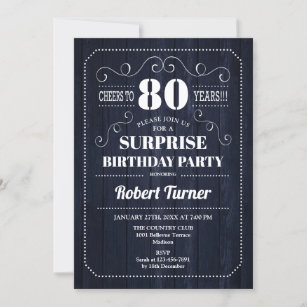 Surprise 80th Birthday - Navy Rustic Wood Pattern Invitation