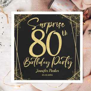 Surprise 80th Birthday Party Black & Gold Glitter Napkin