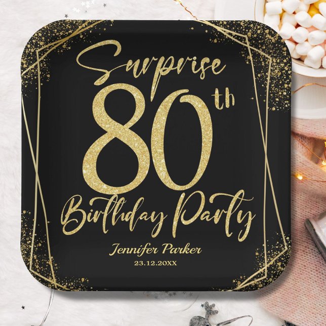Surprise 80th Birthday Party Black & Gold Glitter Paper Plate (Creator Uploaded)