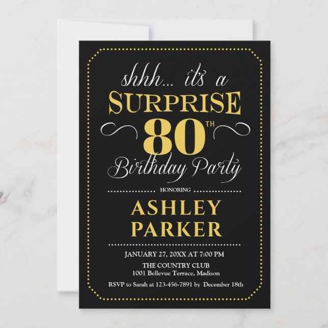 Surprise 80th Birthday Party - Black Gold Invitation (Front)