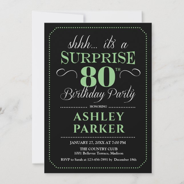 Surprise 80th Birthday Party - Black Green Invitation (Front)