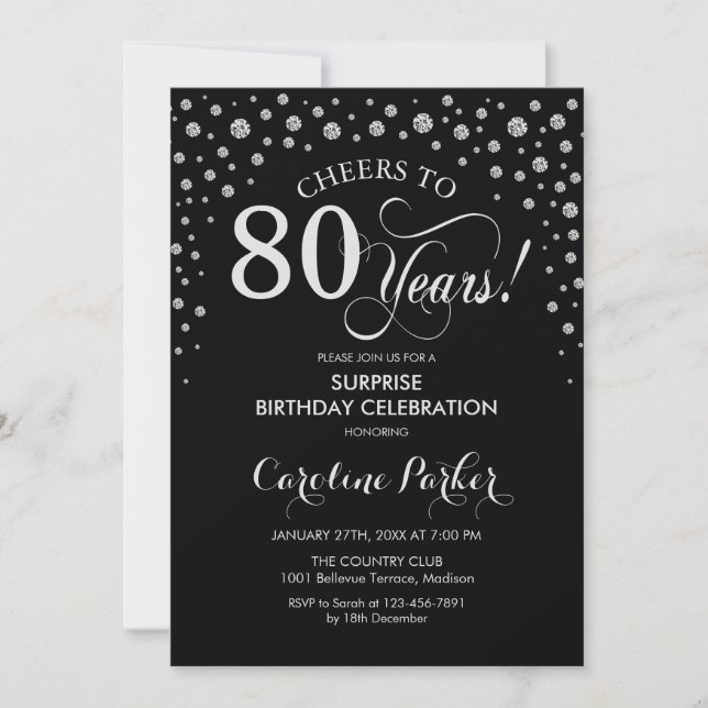 Surprise 80th Birthday Party - Black Silver Invitation (Front)