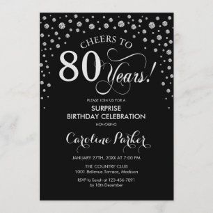 Surprise 80th Birthday Party - Black Silver Invitation