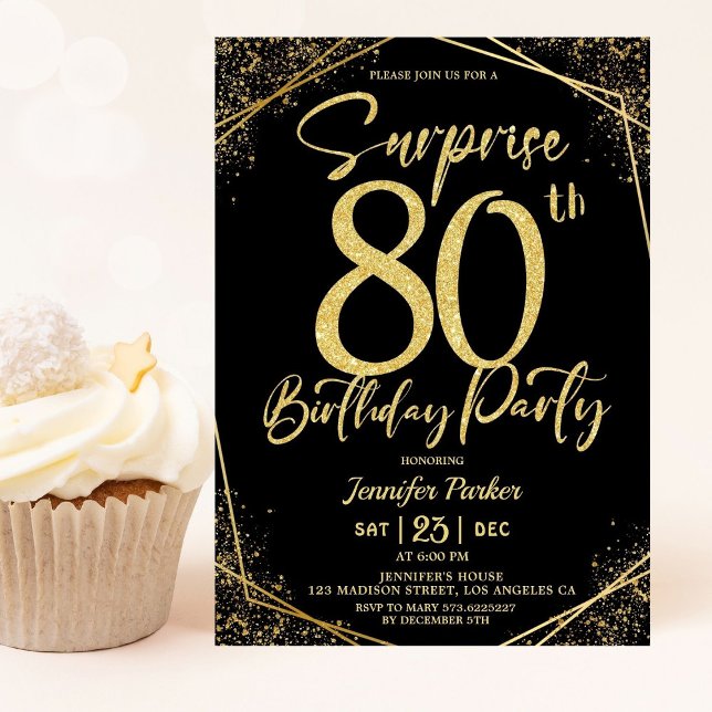 Surprise 80th Birthday Party Chic Black & Gold  Invitation (Creator Uploaded)