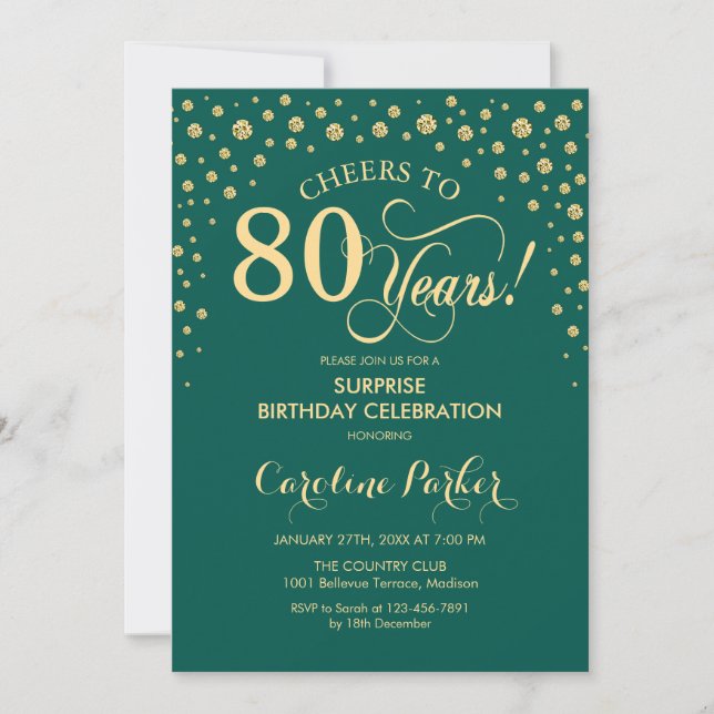 Surprise 80th Birthday Party - Emerald Green Gold Invitation (Front)