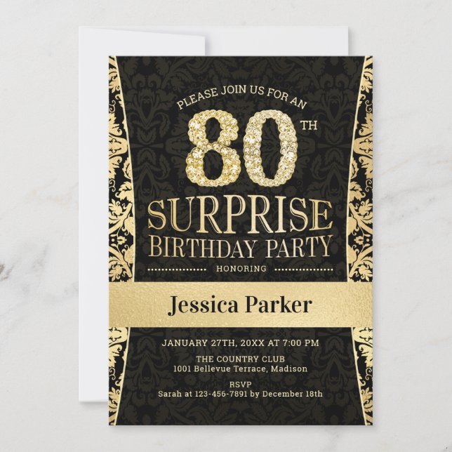 Surprise 80th Birthday Party - Gold Black Invitation (Front)
