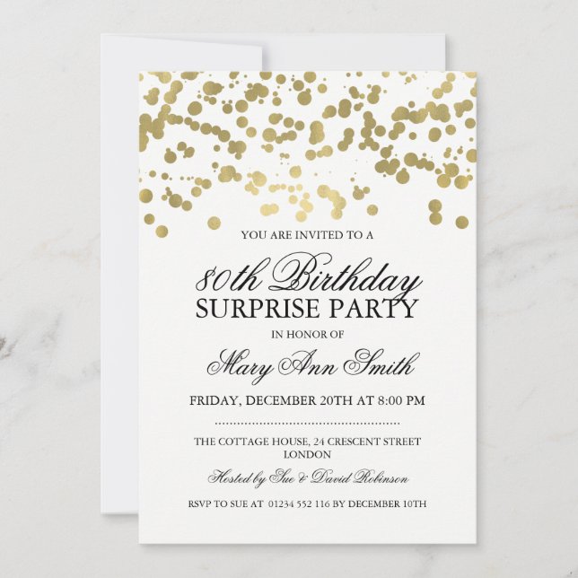 Surprise 80th Birthday Party Gold Foil Confetti Invitation (Front)