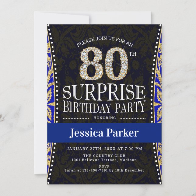 Surprise 80th Birthday Party - Gold Navy Blue Invitation (Front)