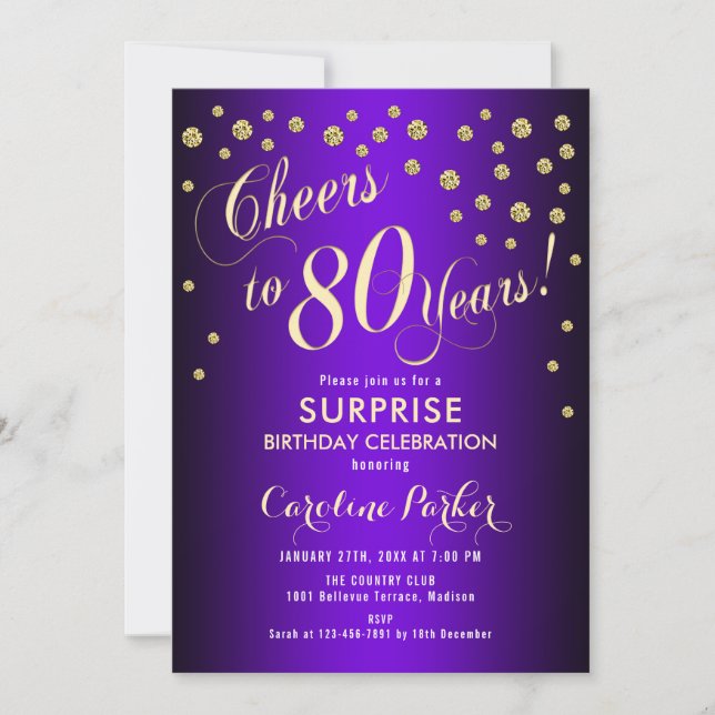 Surprise 80th Birthday Party - Gold Purple Invitation (Front)