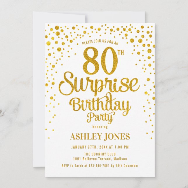 Surprise 80th Birthday Party - Gold & White Invitation (Front)