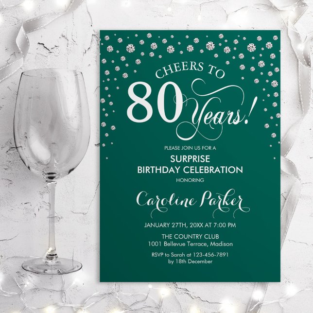 Surprise 80th Birthday Party - Green Silver Invitation (Creator Uploaded)