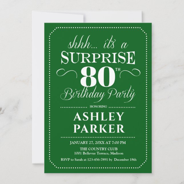 Surprise 80th Birthday Party - Green White Invitation (Front)