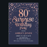 Surprise 80th Birthday Party - Navy & Rose Gold Invitation<br><div class="desc">Surprise 80th Birthday Party Invitation.
Elegant design in navy and faux glitter rose gold. Features stylish script font and confetti. Message me if you need custom age.</div>