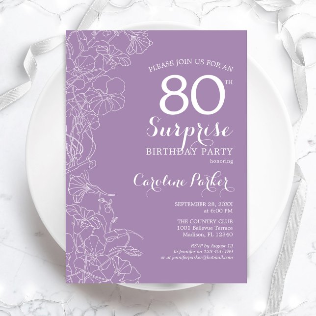 Surprise 80th Birthday Party - Purple Floral Invitation (Creator Uploaded)