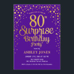 Surprise 80th Birthday Party - Purple & Gold Invitation<br><div class="desc">Surprise 80th Birthday Party Invitation.
Elegant design in royal purple and faux glitter gold. Features stylish script font and confetti. Message me if you need custom age.</div>