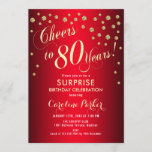 Surprise 80th Birthday Party - Red Gold Invitation<br><div class="desc">Surprise 80th Birthday Party Invitation
Elegant design in red with faux glitter gold pattern. Features script font and confetti. Cheers to 80 Years! Message me if you need a custom age.</div>