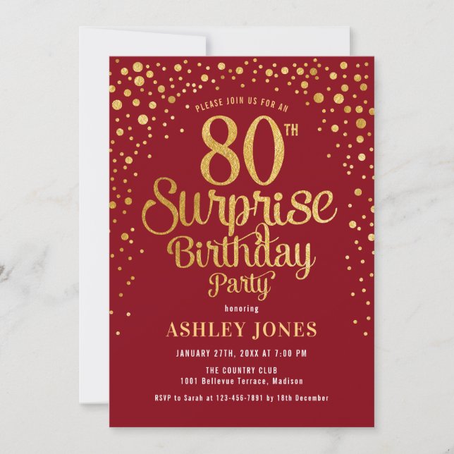 Surprise 80th Birthday Party - Red & Gold Invitation (Front)