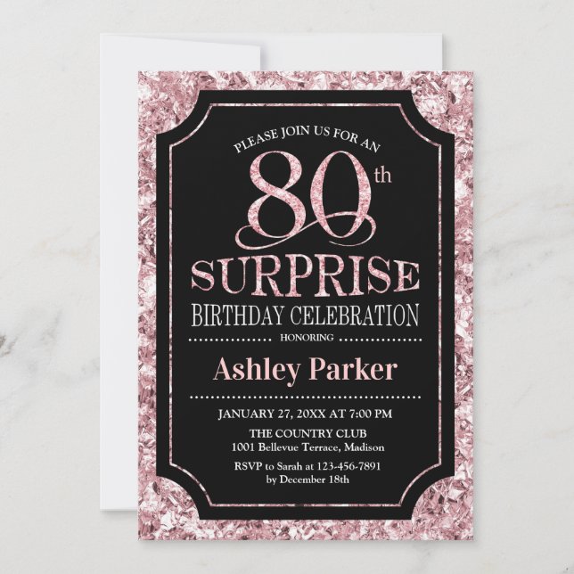 Surprise 80th Birthday Party - Rose Gold Black Invitation (Front)