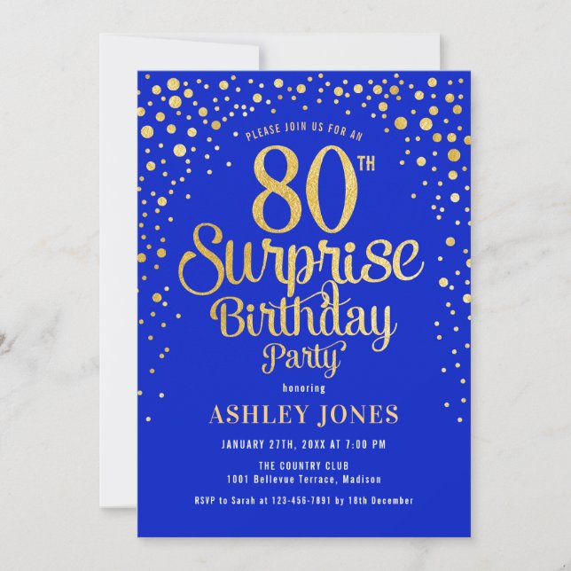 Surprise 80th Birthday Party - Royal Blue & Gold Invitation (Front)
