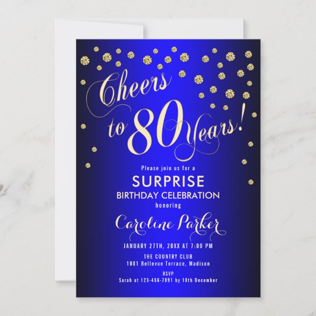Surprise 80th Birthday Party - Royal Blue Gold Invitation (Front)