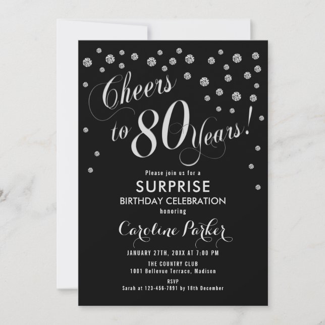 Surprise 80th Birthday Party - Silver Black Invitation (Front)