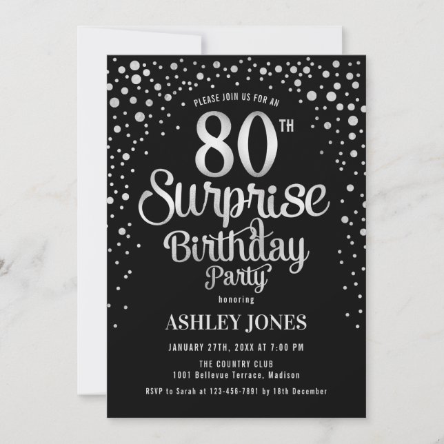 Surprise 80th Birthday Party - Silver & Black Invitation (Front)