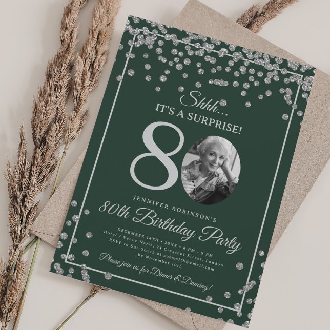 SURPRISE 80th Birthday Party Silver Confetti Green Invitation (Creator Uploaded)