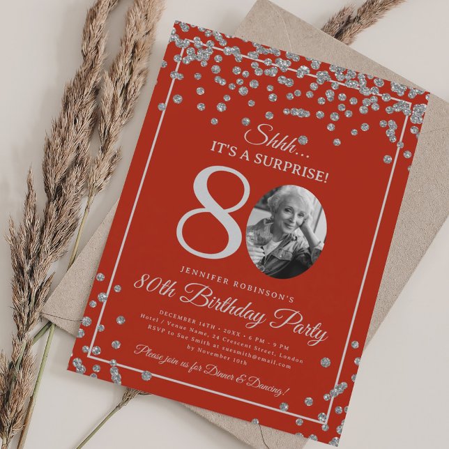 SURPRISE 80th Birthday Party Silver Confetti Red  Invitation (SURPRISE 80th Birthday Party Silver Confetti Red Invitation)
