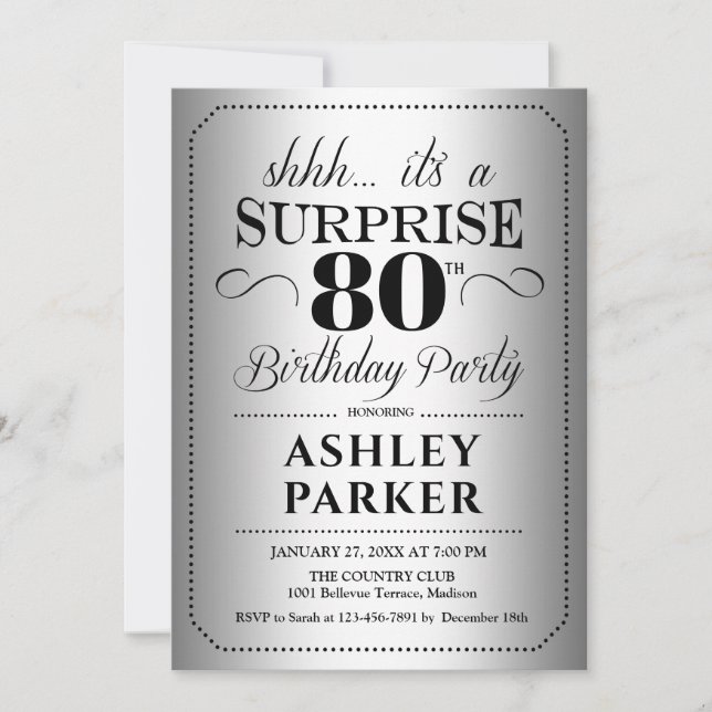 Surprise 80th Birthday Party - Silver Invitation (Front)